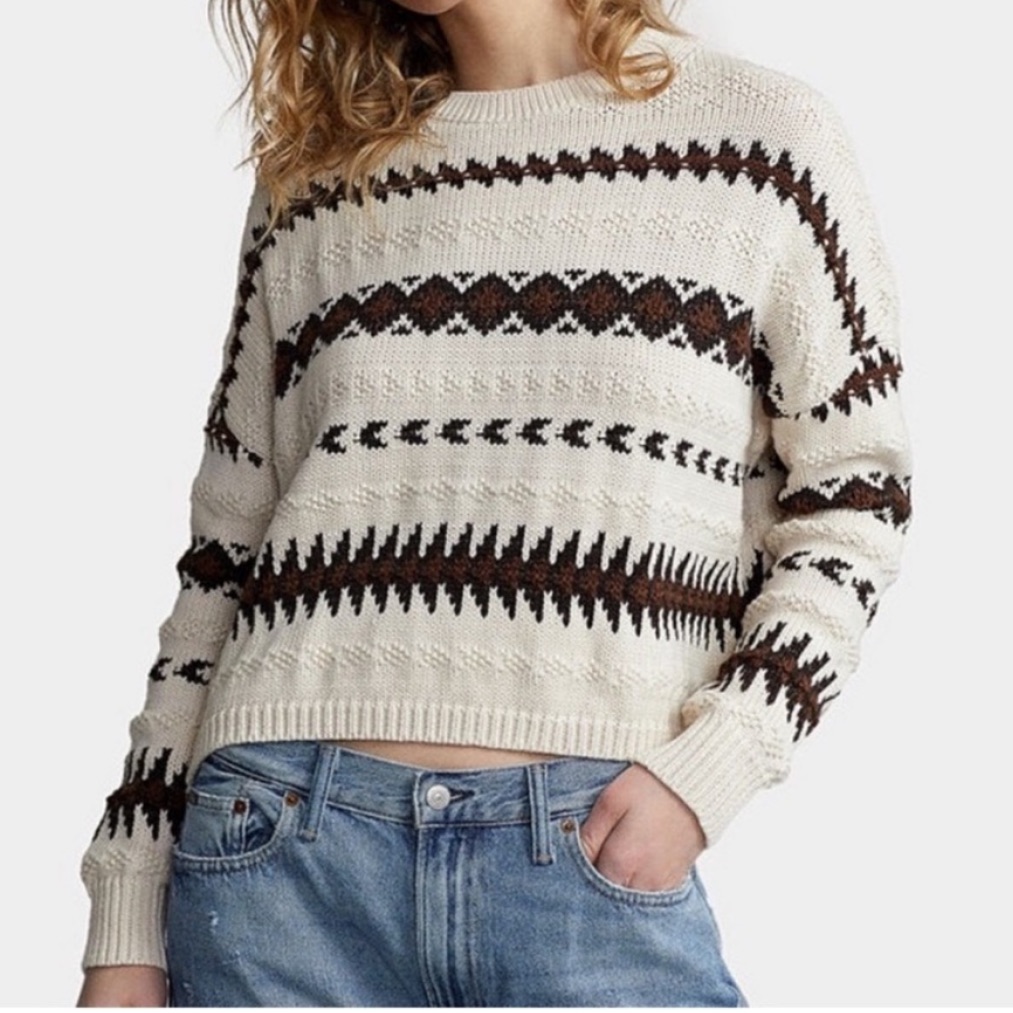 Polo Ralph Lauren Xxs Sweater In Ecru Geometric Print Cotton Blend Nwt